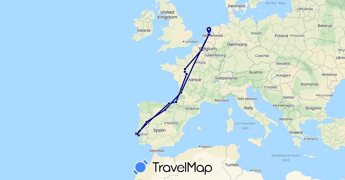 TravelMap itinerary: driving in Spain, France, Netherlands, Portugal (Europe)